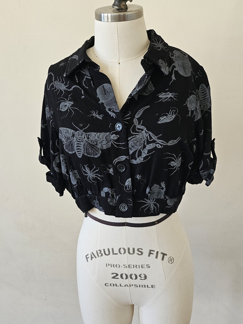 Disturbia Black Cropped Button-Up with Gray Insect Print